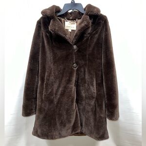 Dennis Basso Gold Faux Fur Coat Women’s XXS Brown Hooded Button Up Lined Pockets